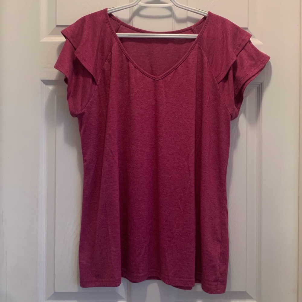 Pink V-Neck Flutter Sleeve Tee - XL